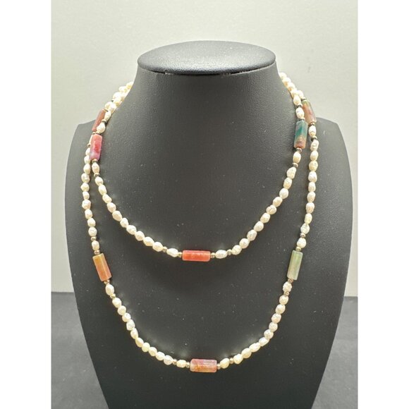 Long Multicolor Quartz & Freshwater Pearl Beaded Necklace 32 Inch - Picture 2 of 4